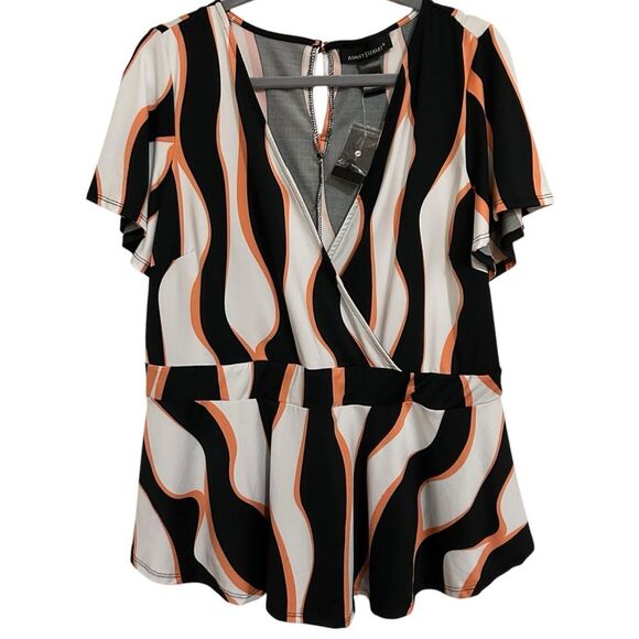 ASHLEY STEWART NWT Abstract Print Flutter Sleeve Surplice Top 14/16 - Picture 2 of 13